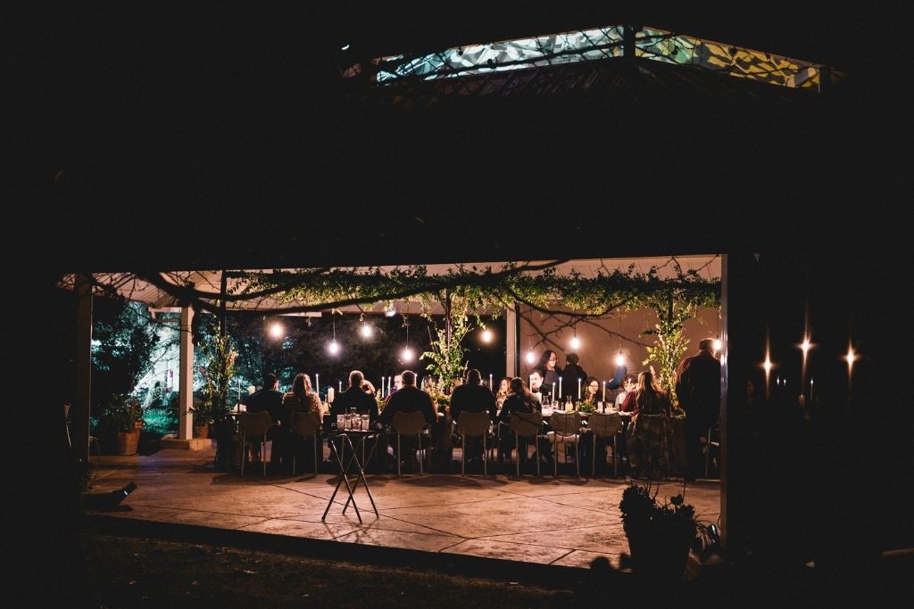 The Pavilion at Clovis Botanical Garden set up for a evening dinner party.